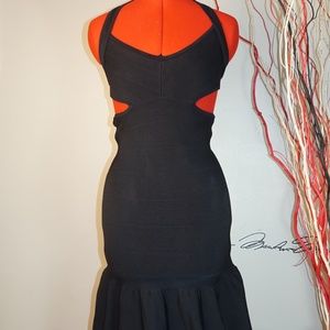 Black Halter Top Bodycon Dress with Ruffle-Hem